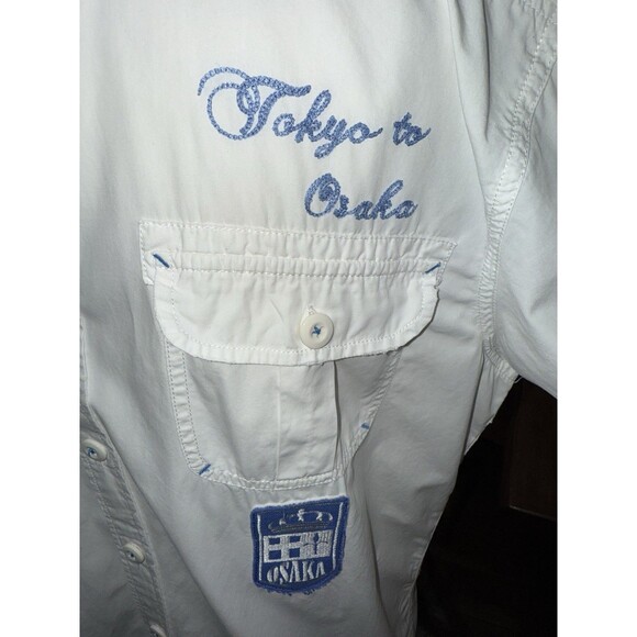 Henry Choice Blue Jeans White Short Sleeve Shirt L Tokyo Osaka Japan Patches - Picture 3 of 14